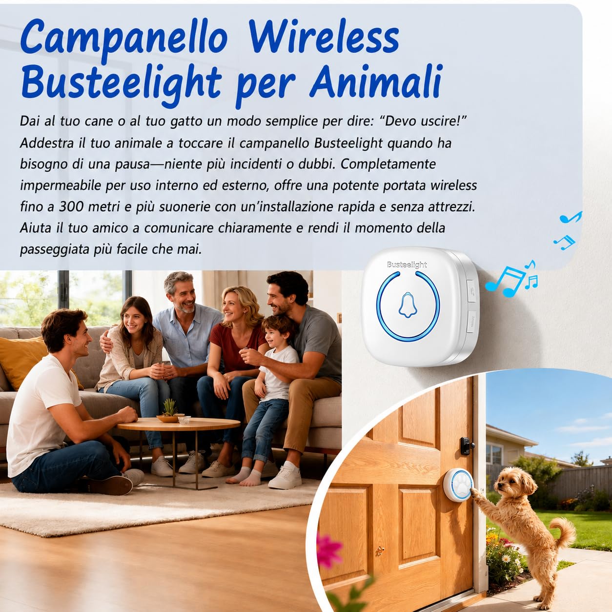 A6 Wt Campanello Intelligente per Cani Senza Fili 300 m – Pulsante per Cani Touch con LED, 60 Melodie, Impermeabile, Sistema di Comunicazione per Animali Domestici (1 campanello e 2 ricevitori)