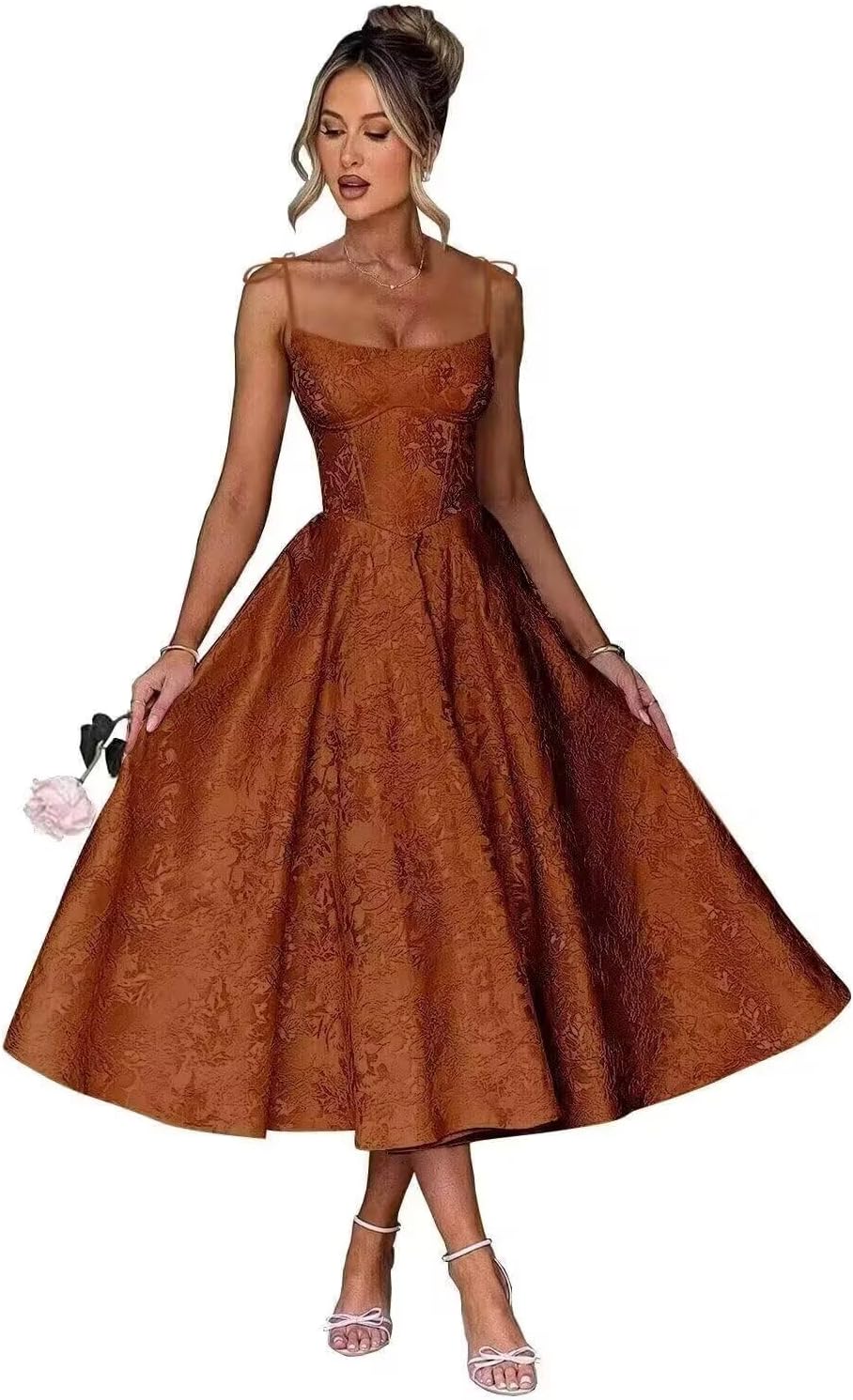 Jacquard Floral Satin Prom Dresses for Women 2026 Spaghetti Straps A-Line Midi Formal Evening Party Gown with Pockets