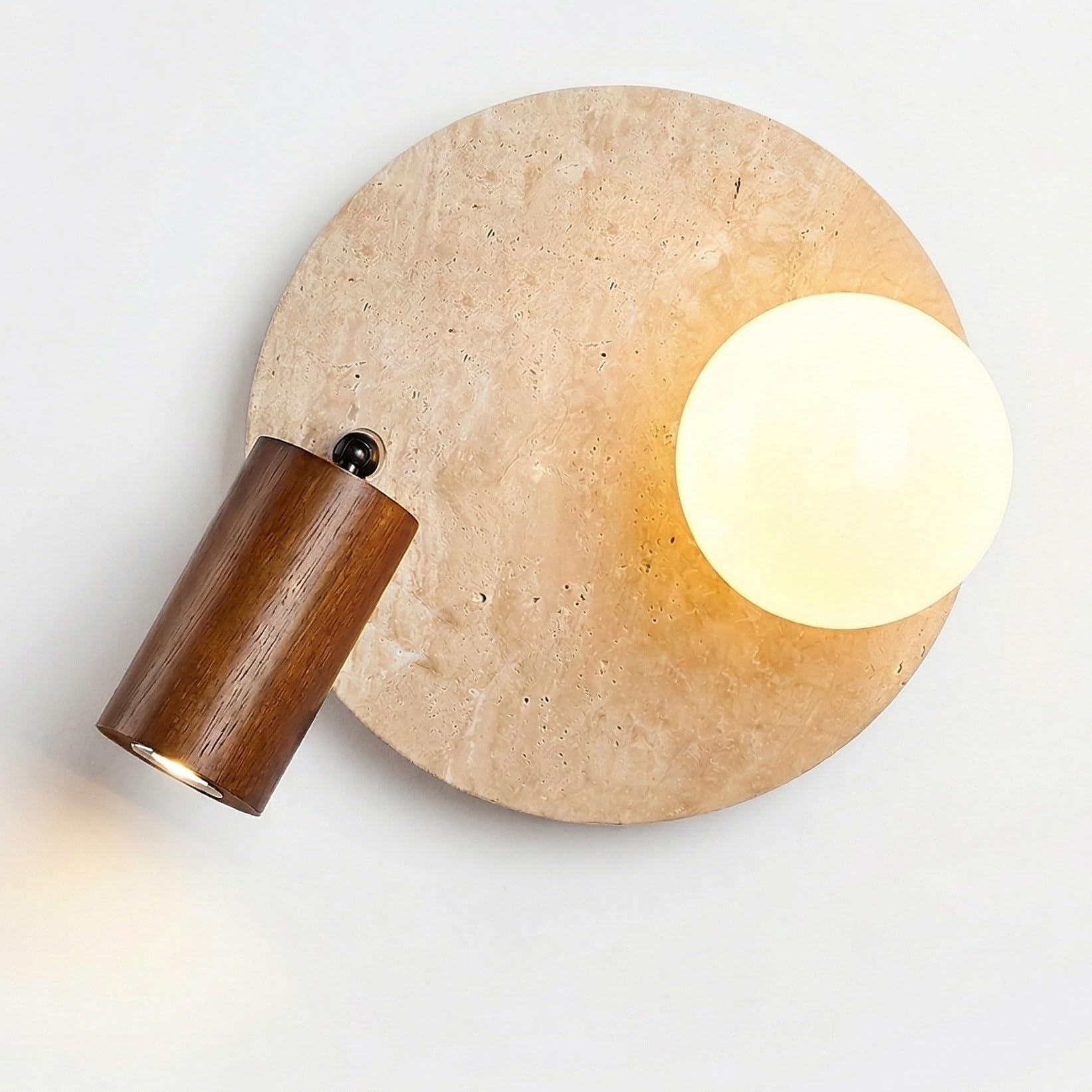 NHPJFDC Modern Travertine Wall Sconce Lighting, Nordic Round Stone Wall Light Fixture, Adjustable Wood Spotlight, Minimalist Wall Lamp for Bedroom Bedside, Hallway, Living Room Decor(Walnut Color)