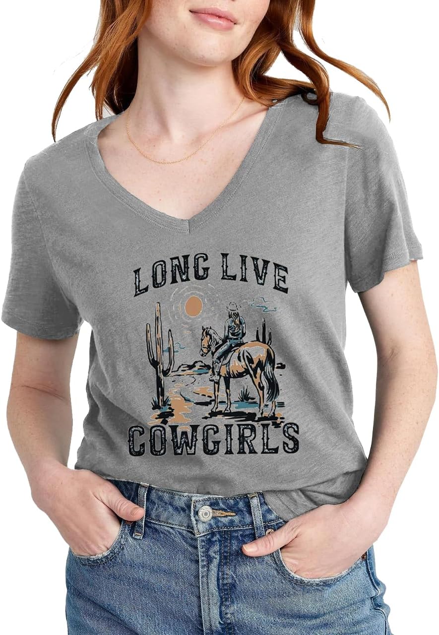 Women’s Cactus Cowgirl Shirt Western Riding Country Music V Neck T-Shirt Retro Sun Printed Short Sleeve Tees Tops - Image 7