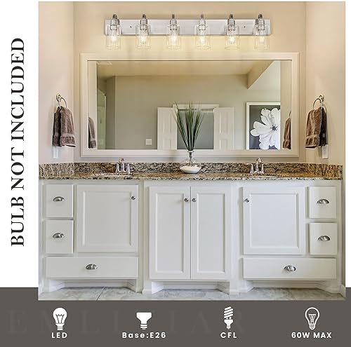 Miniatura 4 de Emliviar YCE237B-6W BN - Lámpara de pared grande para baño, 6 luces industriales sobre espejo, acabado de níquel cepillado con vidrio transparente,