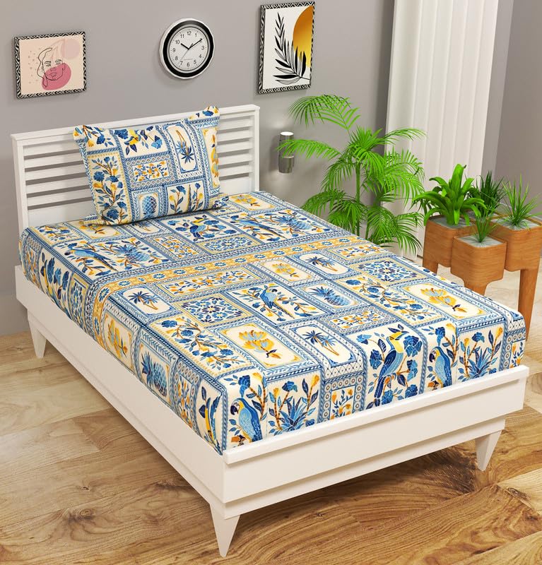 BSB HOME Pure Cotton 220 tc Flat Single | Diwan | Coat Bed Bedsheets for Summer Breathable | Wrinklefree (Size-60 X 90 Inch) with 1 Pillow Covers (Size-17 X 27 Inches, Floral, White and Blue)
