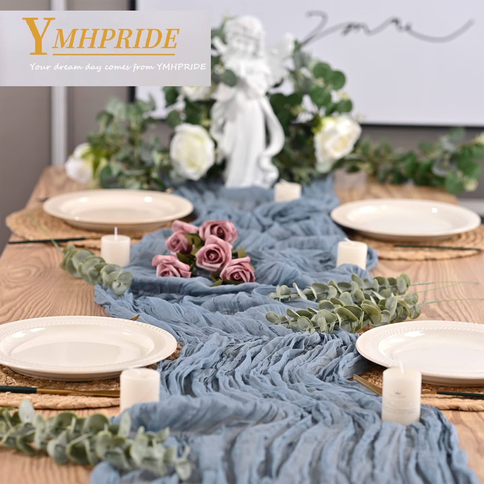 YMHPRIDE 10 Pezzi Runner da Tavola Blu Sporco, 90cm x 300cm Blu Garza Boho Runner da Tavolo per Matrimonio Addio al Nubilato Baby Shower Decorazioni Feste di Compleanno