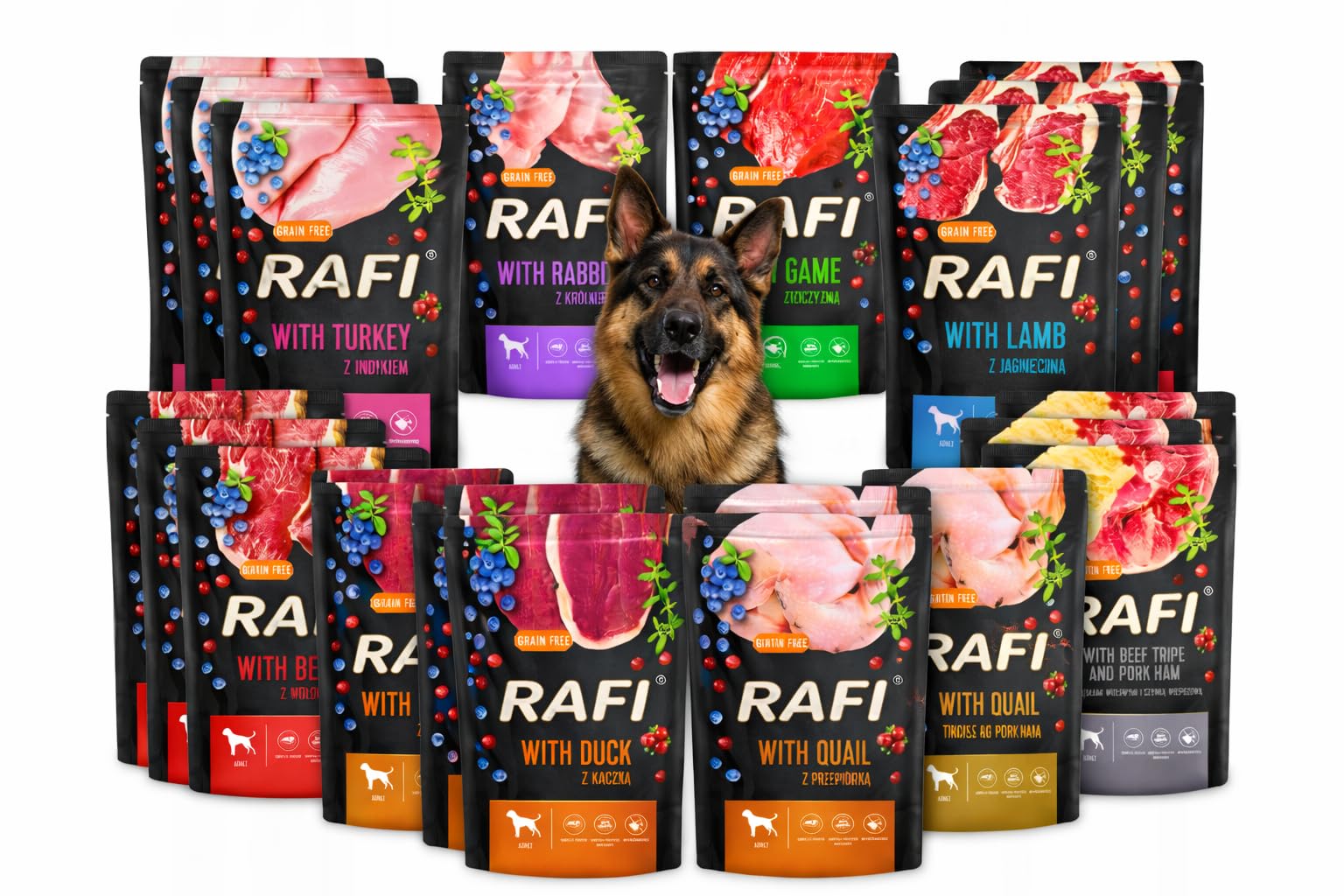 MOKRA KARMA DLA PSA DOLINA NOTECI RAFI ADULT BEZ ZBÓŻ SASZETKA MIX SMAKÓW 40 x 500G