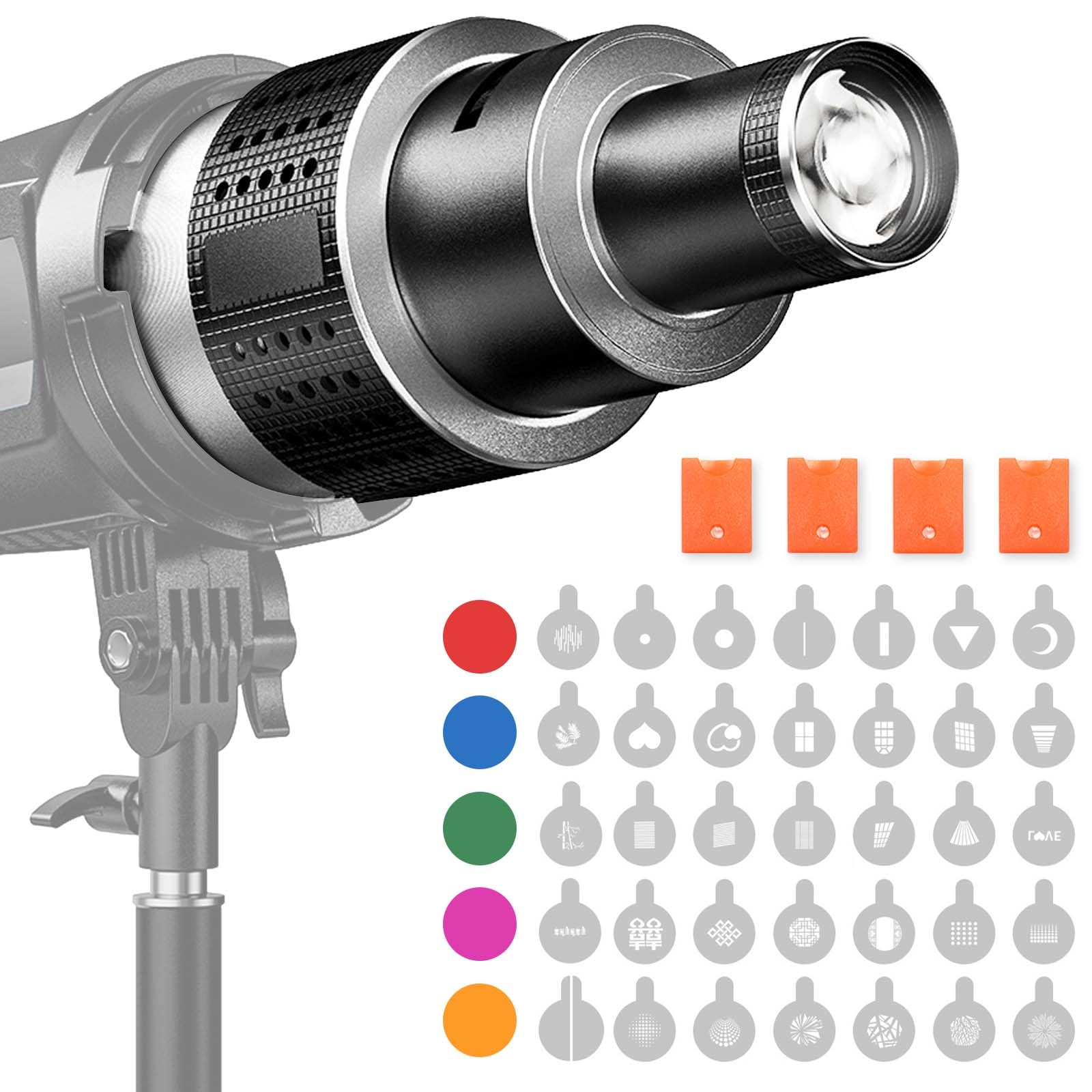 Snoot Ottico per Bowens Proiettore, Condensatore con 35 Gobo e 5 Filtri Colore, Snoot Ottico per Aputure Amaran 100DS 100XS 200DS, Godox SL60W VL150, Nanlite FS150B ecc.