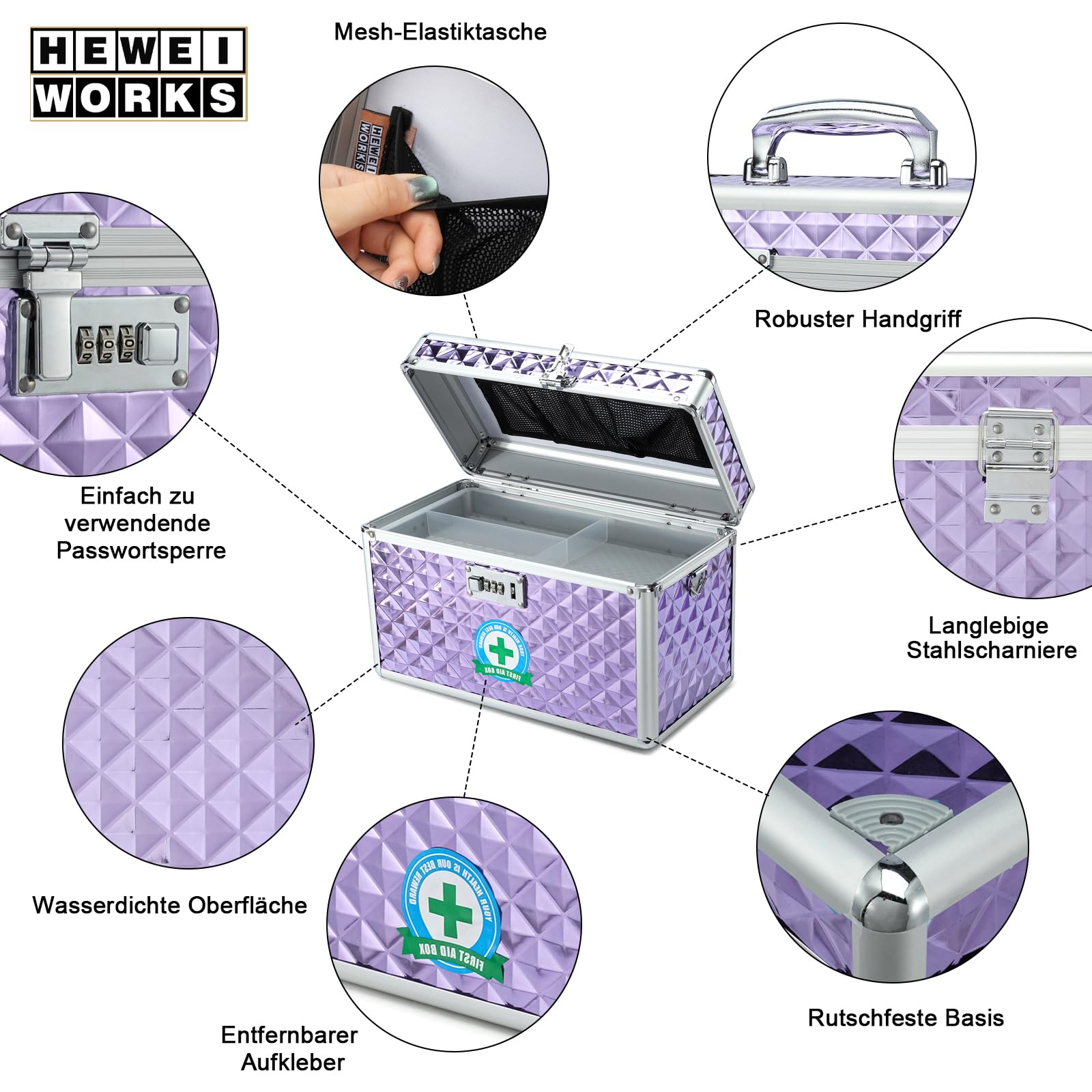 Aufbewahrungsbox mit Zahlenschloss, abschließbare Medikamentenbox, leere Erste-Hilfe-Box, Sicherheitsbox, vielseitige abschließbare Box für Zuhause und im Freien (Purple, Large)