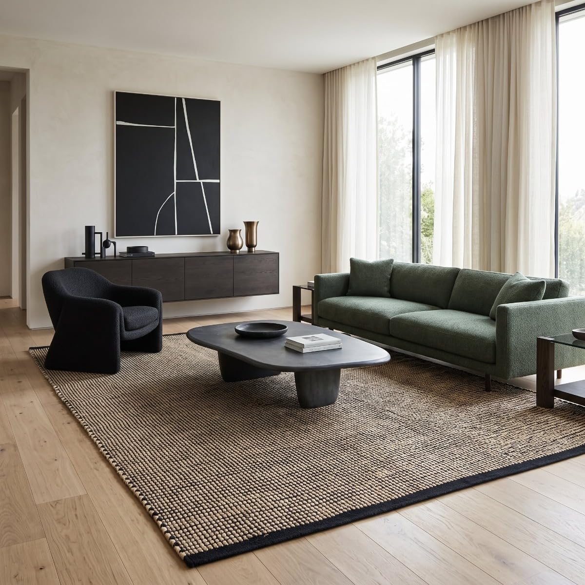 Thedecofactory Tapis en Jute et Coton tissé Main Noir Naturel 120x170
