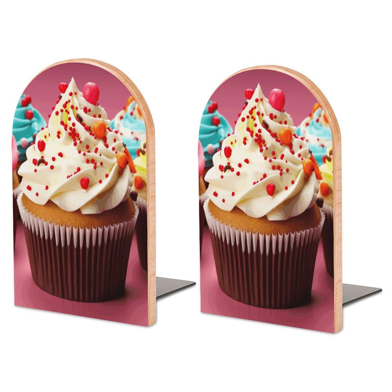 Serre-livres imprimé cupcake en bois et métal grand modèle pour rangement de livres