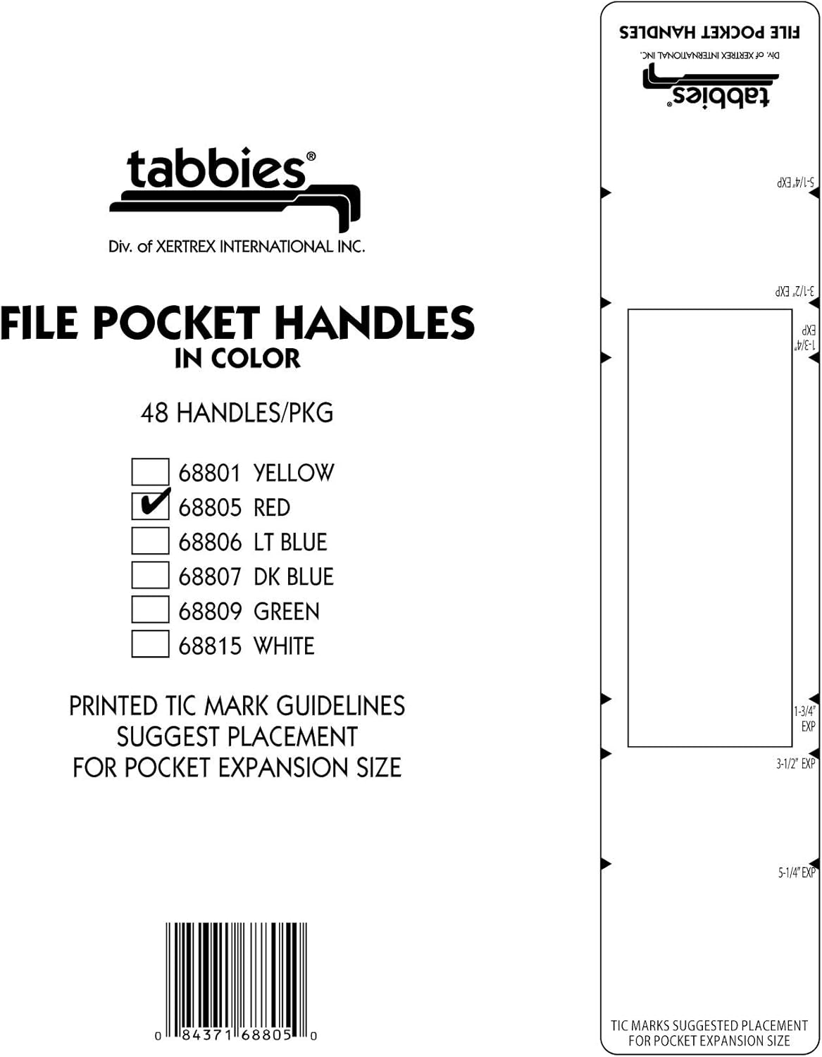 Tabbies File Pocket Handles, 9.63 X 2, Red/White, 4/Sheet, 12 Sheets/Pack