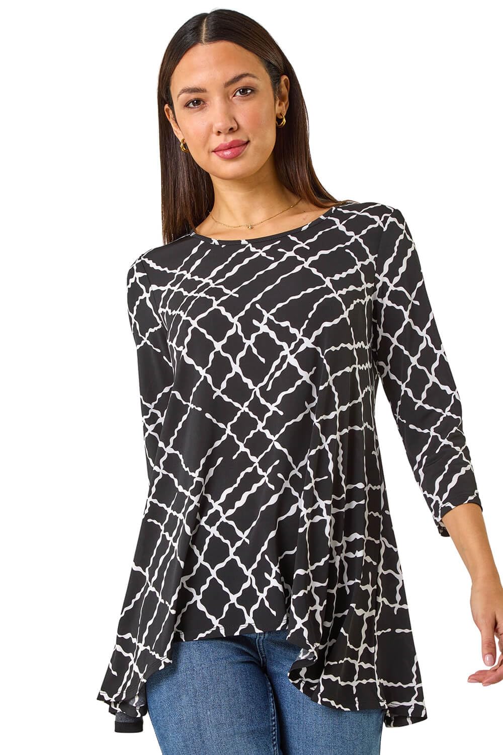 Roman Originals Women's Noir White Hanky Hem Tunic Top For Uk - Longline Blouse Asymmetric Hemline Casual Slouch Loose 3/4 Sleeves Round Neck Relaxed Comfortable Holiday - Size 10