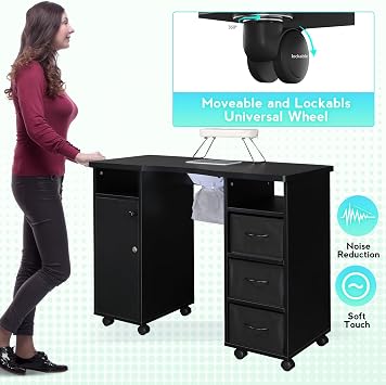 Nail Table, Manicure Table with Dust Collectorand Hand Rest, Nail Salon Table for Nail Studio and Home, Multifunctional Nail Tech Desk with Sortable Storage Items, Black