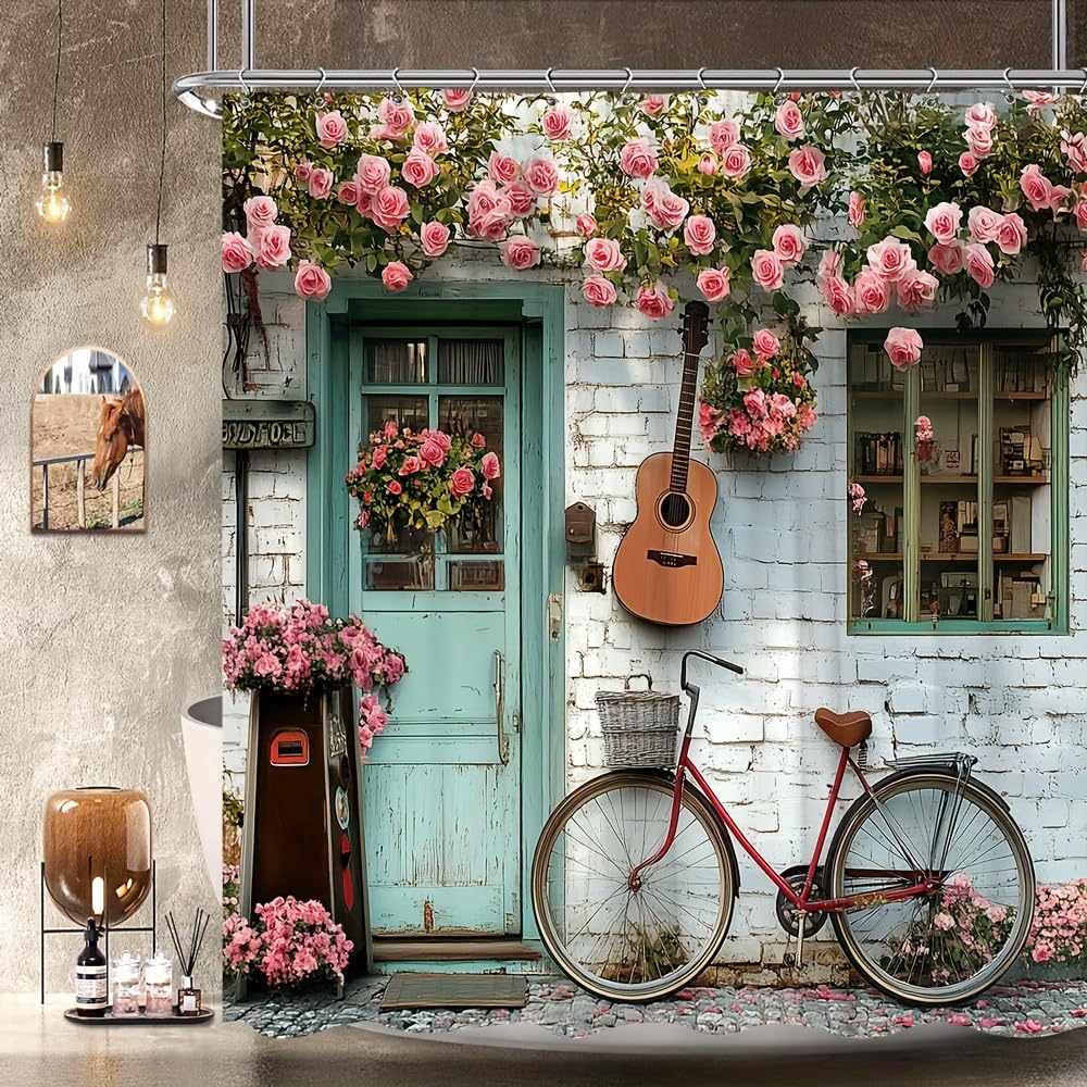 GLKSDLPO Vintage Rustic Cottage Door Floral Bath Drapery with Guitar and Bicycle, Nostalgic Pastoral Scene Bathroom Decor with Hooks(168x183cm/66x72in(WxH))