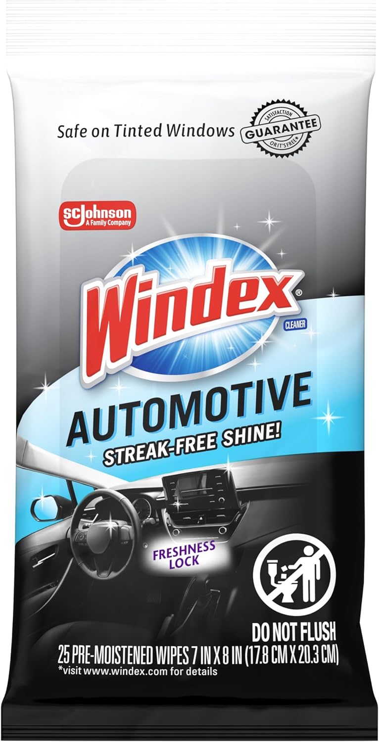 Windex Auto Wipes: Pre-Moistened Streak-Free Car Window Cleaner Wipes for Windows, Mirrors, Screens - Safe for Tinted Glass & Electronics, 25 Ct
