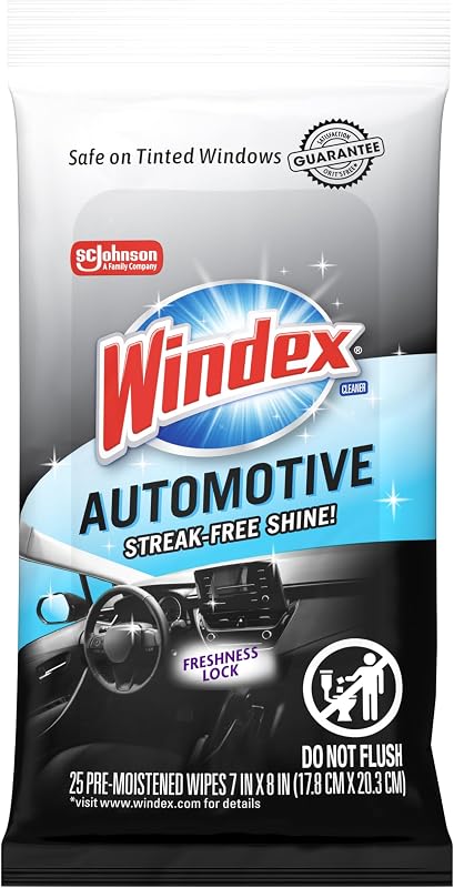 Auto Wipes for Car Windows, Mirrors and Screens, Pre-Moistened Car Cleaner Wipes for Quick Streak-Free Shine, Guaranteed Safe for Tinted Windows and Electronics, 25 count (Pack of 1)