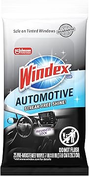 Windex Auto Wipes for Car Windows, Mirrors and Screens, Pre-Moistened Car Cleaner Wipes for Quick Streak-Free Shine, Safe for Tinted Windows and Electronics, 25 count Pack of 1