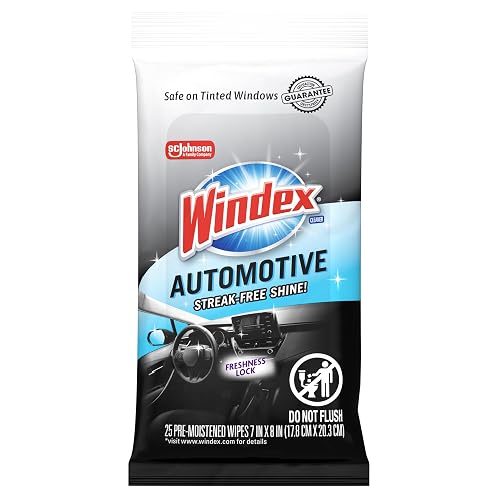 Windex Auto Wipes for Car Windows, Mirrors and Screens, Pre-Moistened Car Cleaner Wipes for Quick Streak-Free Shine, Guaranteed Safe for Tinted Windows and Electronics, 25 count (Pack of 1)