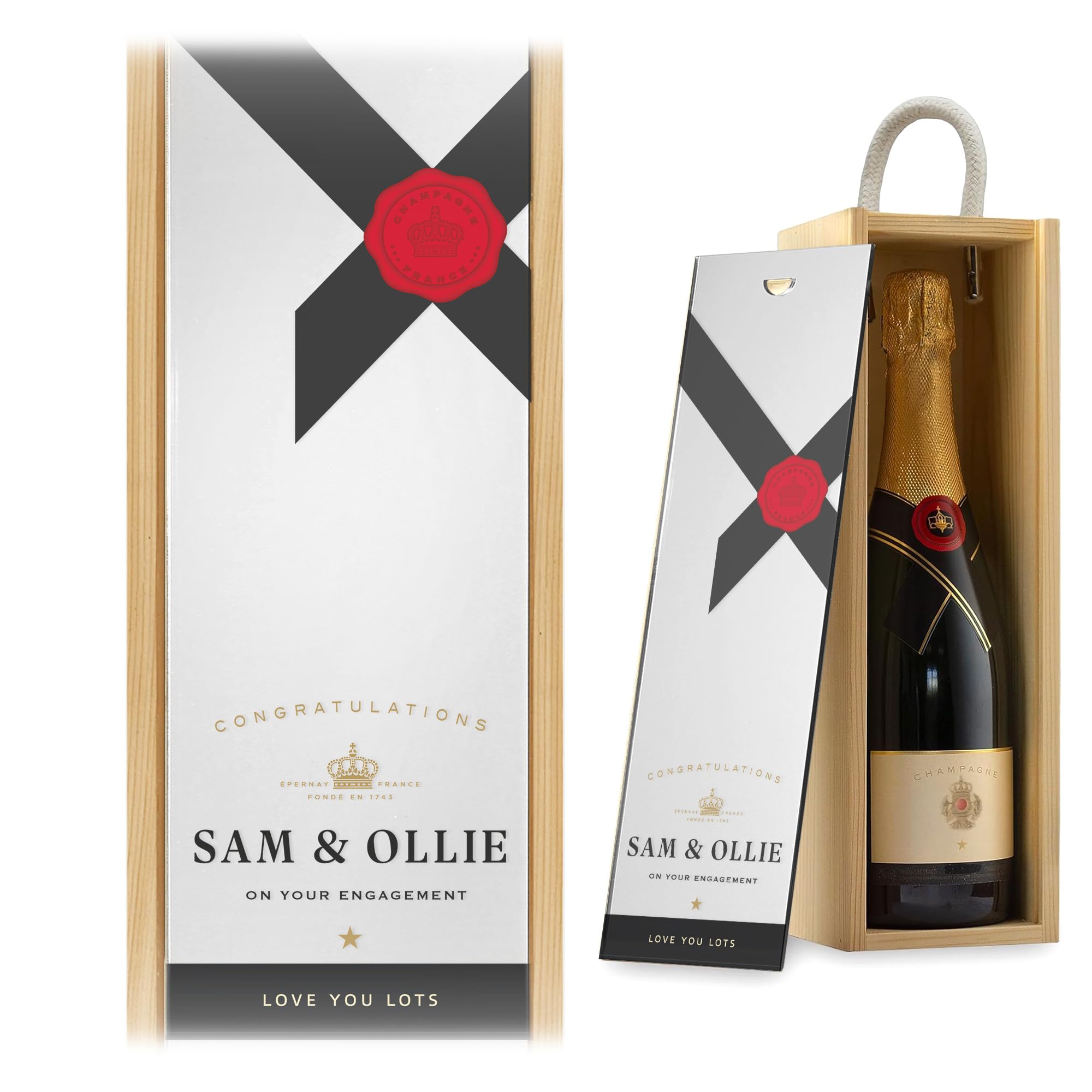 A1 Graphics Ltd Personalised Champagne Wine Gift Box Merry Christmas Custom Printed Birthday Christmas Valentines Anniversary Engagement Gift (Natural Box/Silver Mirror Lid)