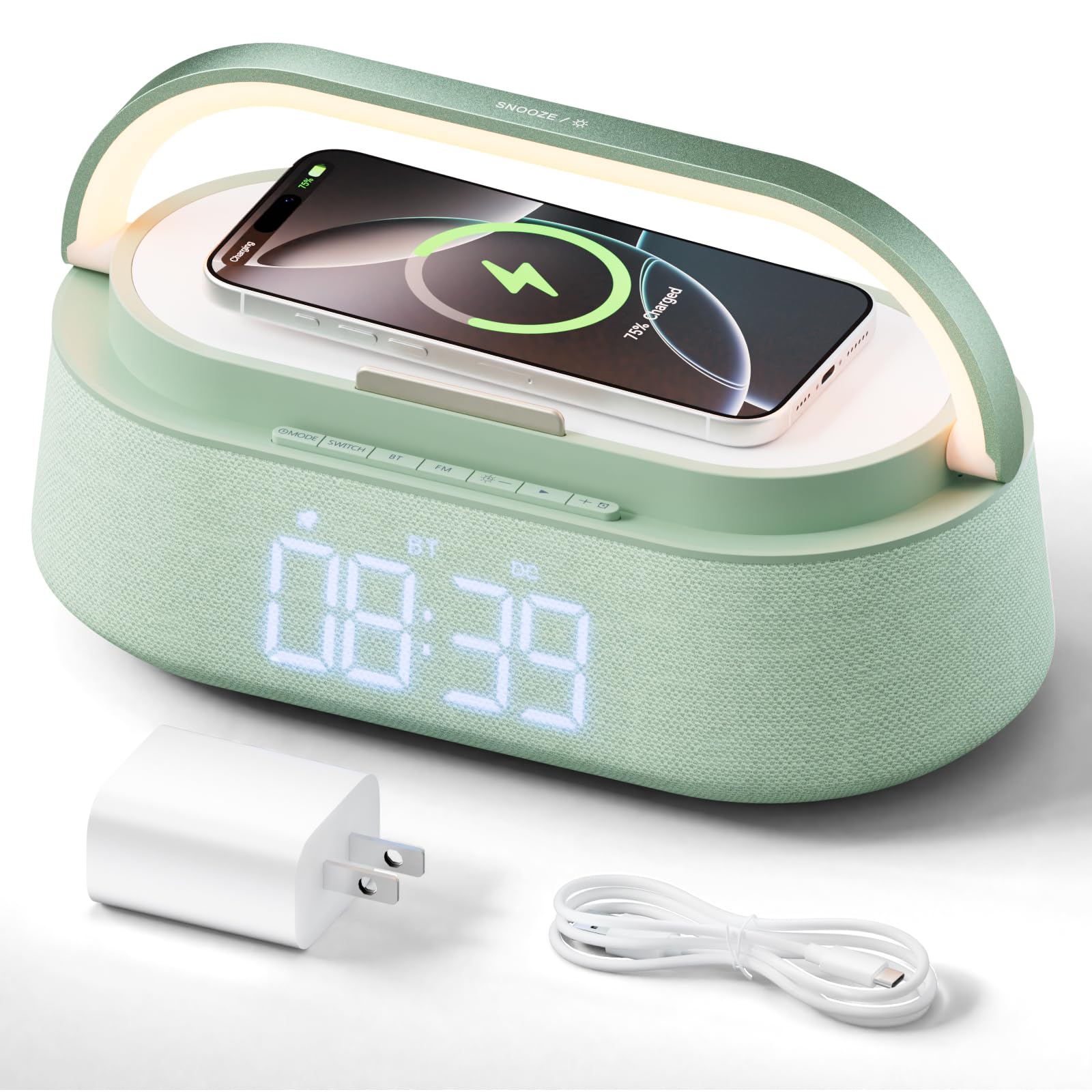 FREEFISH 6-in-1 Alarm Clock with Bluetooth Speaker, Wireless Charging, FM Radio, Night Light, Phone Holder, Digital Clock, 15W Fast Charger for iPhone 16/15/14/13 Samsung, Bedroom Office Gift (Wood) — view 10