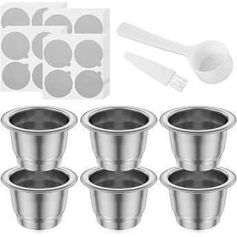 Reusable Capsules Coffee Capsule Set Made of Stainless Steel Refillable Coffee Capsule with 100 Foil Lids 6 Capsules 1 Spoon and 1 Brush Coffee Cups Espresso Pads for Coffee