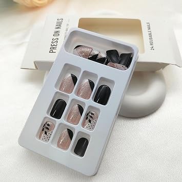 Square Press on Nails Short Fake Nails Black & White French Tip Acrylic Nails Press ons with Black Leaves and Polka Dots Designs Glitter Full Cover Glossy Stick on Nails for Women 24Pcs
