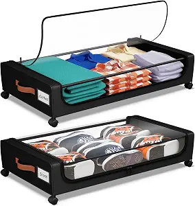 2 Pack Under Bed Storage with Wheels, 50L Large Capacity UnderBed Storage Containers with Clear Lid and Handles, Under the Bed Storage Bins Drawers, Closet Organizer for Clothes,Blankets,Shoes,Books