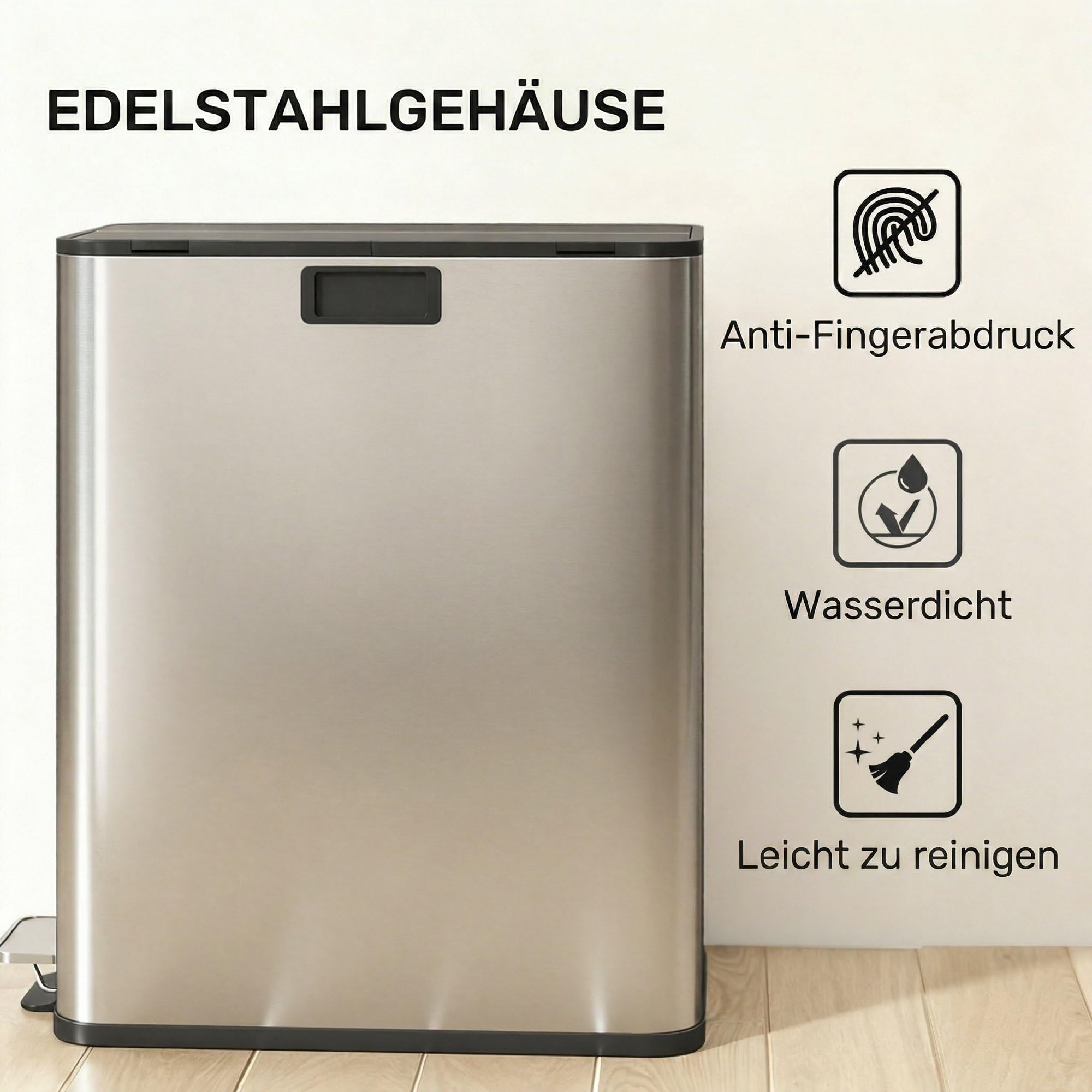 HOMCOM Küchenmülleimer 2 x 28L Edelstahl-Tretmülleimer mit Soft-Close-Schmetterlingsdeckel, herausnehmbaren Inneneimern, 2 Fächern, Mülltrennsysteme, für Recycling und Müll, Silberton