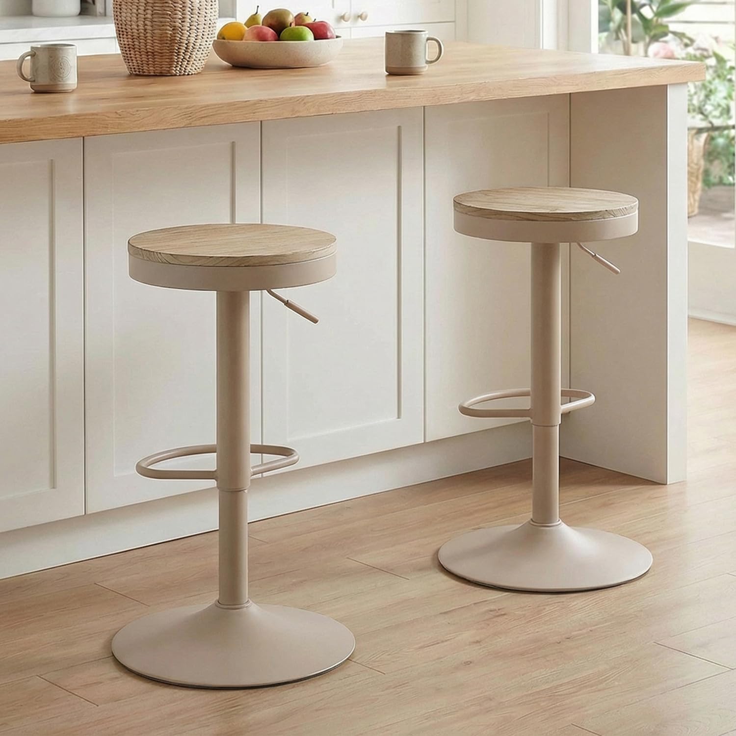 Kidol & Shellder Juego de 2 taburetes de Bar, Altura Regulable de 56 a 80 cm, giratorios, sin Respaldo, Asiento de Madera, con reposapiés, Taburete de Cocina