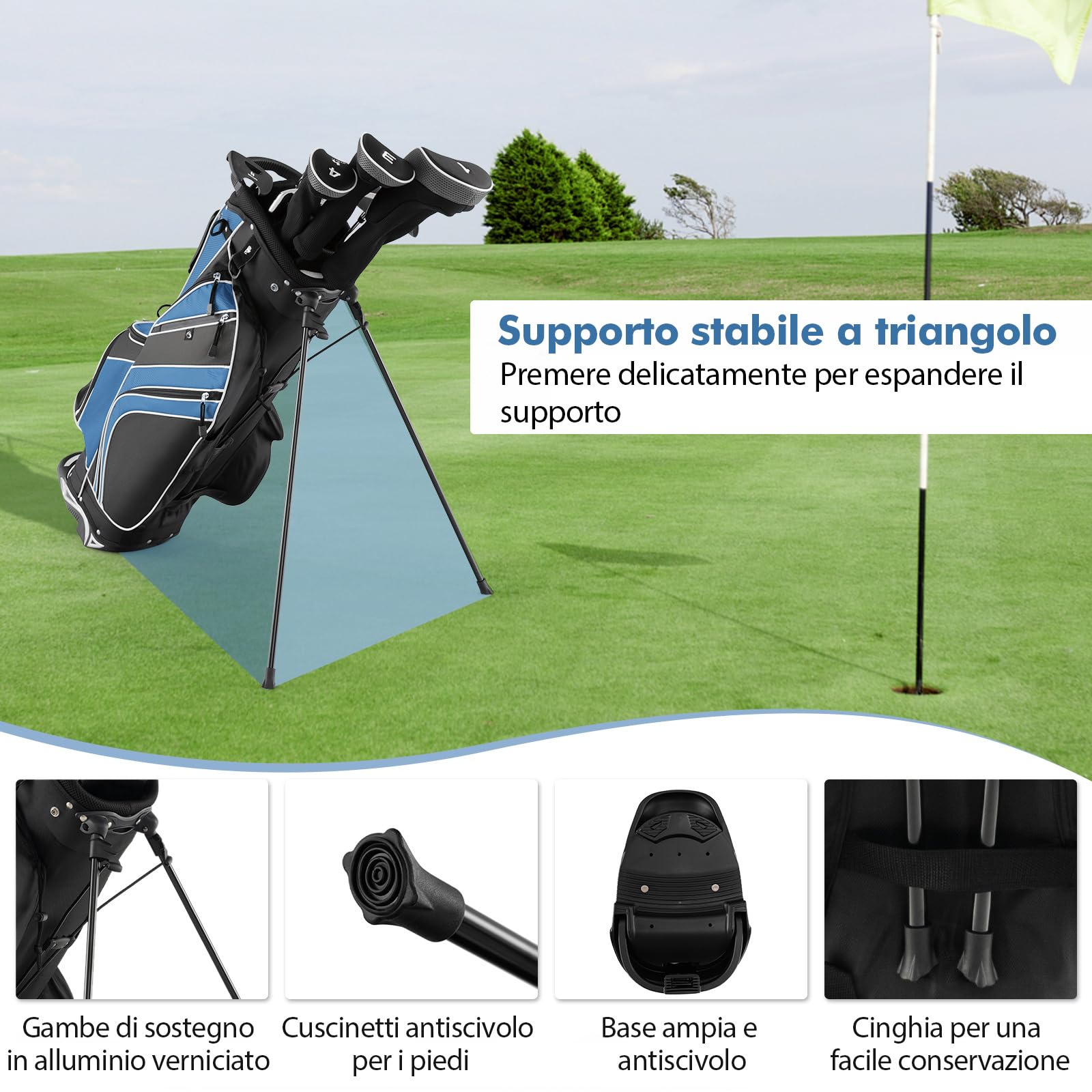 COSTWAY Borsa da Golf con Supporto, Sacca per Mazze da Golf con 6 Divisori, 7 Tasche con Cerniera Incluse Borsa Termica, Portaombrelli, Borsa da Golf Leggera e Portatile con Tracolla (Blu)