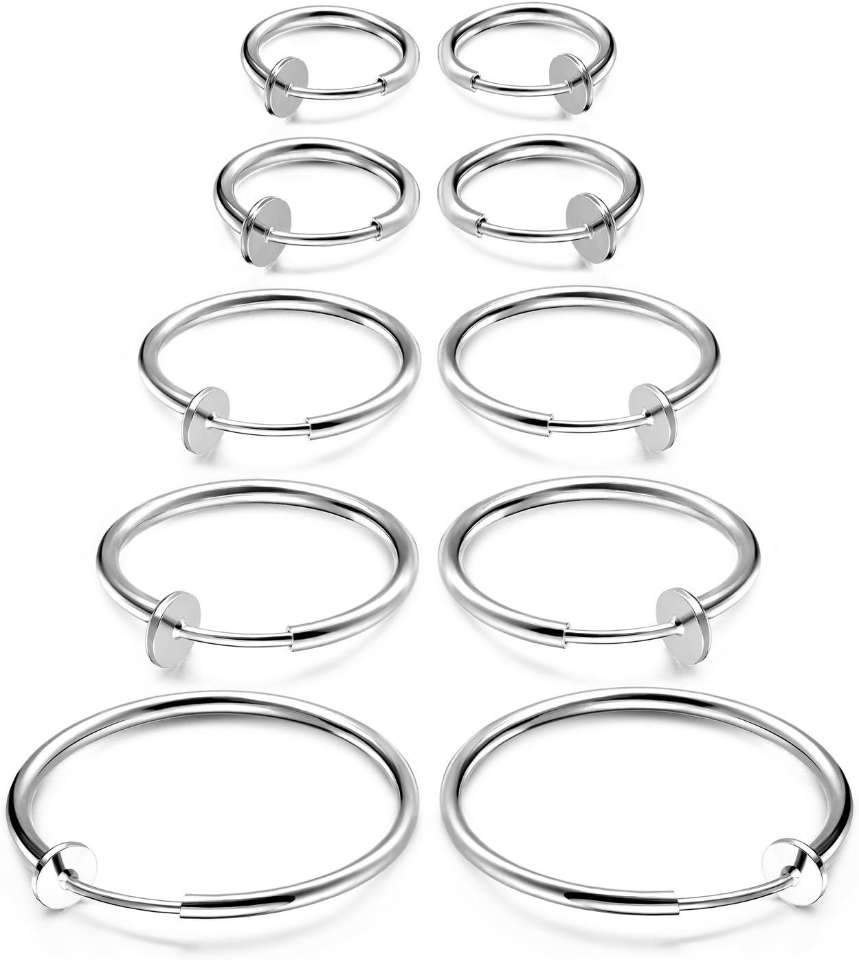 Clip on Hoop Earrings for Women Fake Nose Ring Faux Lip Septum Ring Fake Cartilage Earrings Spring Endless Hoop Earrings Non Piercing Lobes Men (5 Pairs,13mm-25mm,Mixed Colors/Sized)
