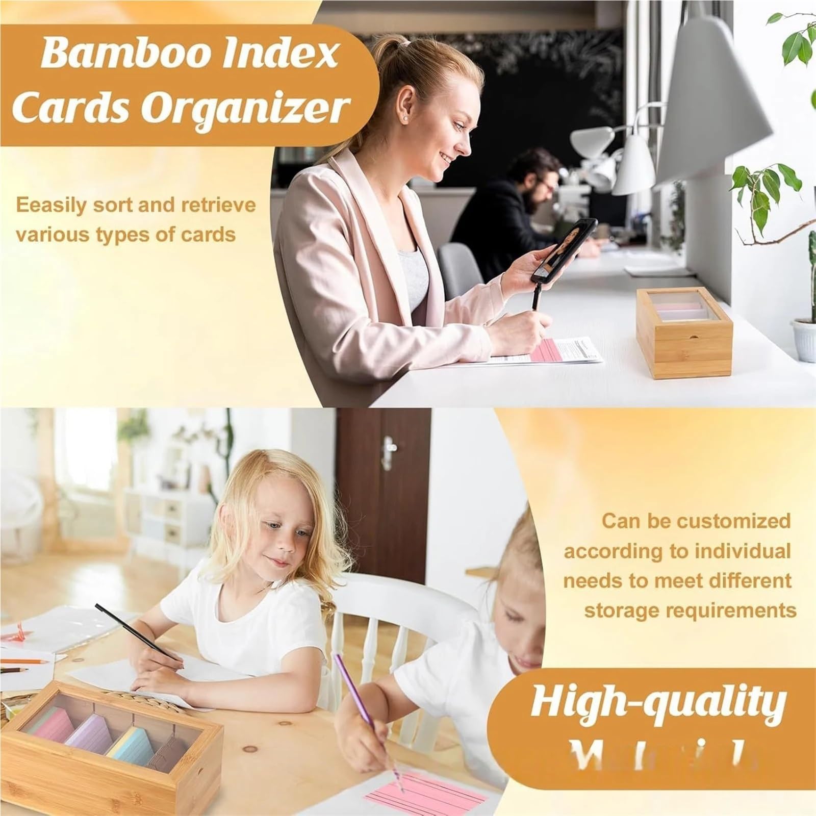 Lot de 2 boîtes de rangement de bureau pour notes adhésives en bois avec séparateurs pour cartes d'index de 7,6 x 12,7 cm pour économiser de l'espace