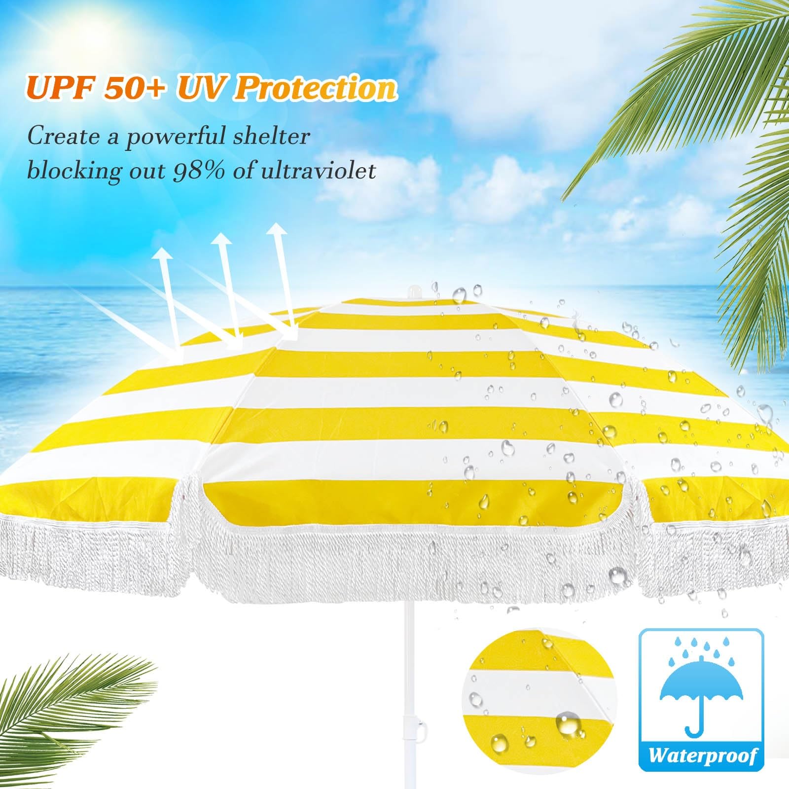Przenośne Parasole Plażowe Parasol Ogrodowy Z Ochroną UV50+ Z Frędzlami Parasol Ogrodowy Z Frędzlami W Żółto-białe Paski Parasol Ogrodowy Z Uchylnym Parasolem Ogrodowym Parasole Zewnętrzne /180 Cm