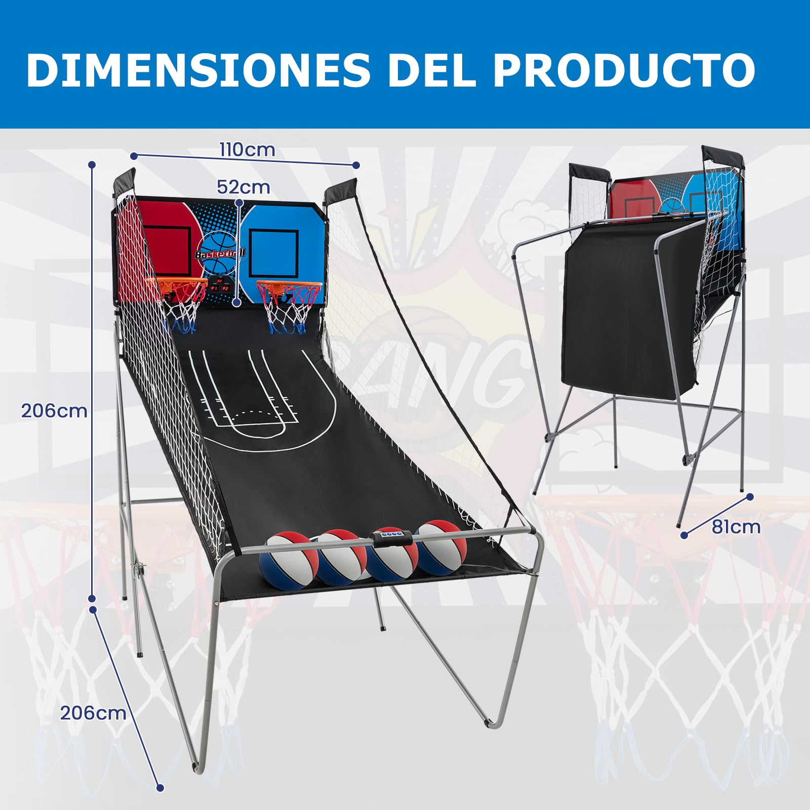 GOPLUS Canasta de Baloncesto Plegable, Máquina de Tiro Portátil, Baloncesto Arcade con 8 Modos de Juego, 4 Pelotas, 2 Cestas, Bomba, Marcador Electrónico, para Niños y Adultos (Rojo+Azul)