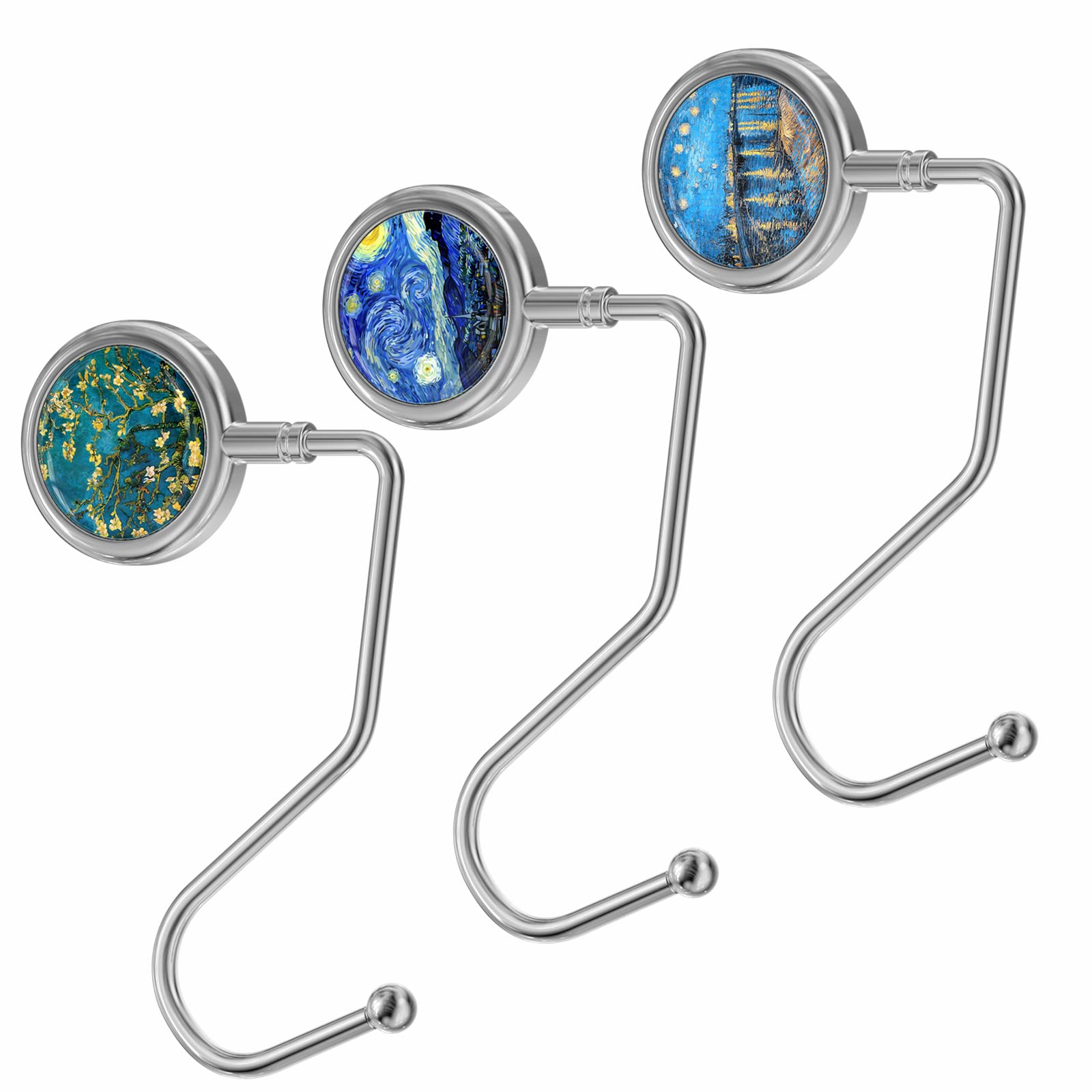 Aiawoxc Purse Hooks for Table, Set of 3 Metal Purse Hanger Handbag Holder for Women and Girls, Van Gogh