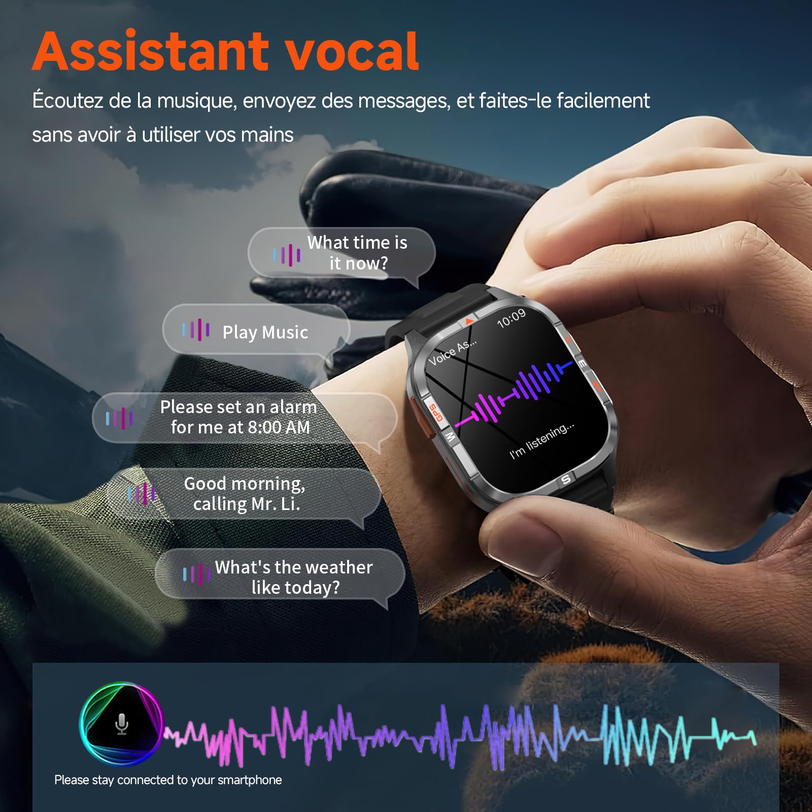 Montre intelligente GPS militaire pour hommes avec boussole/lampe de poche, montre intelligente à écran HD 2,01" avec assistant vocal/appel Bluetooth, pour Android et iOS, Montre Fitness de sport