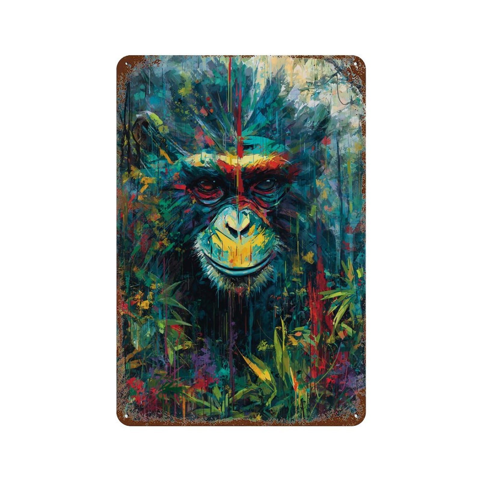 Colorful Monkey Painting Artwork Rust Effect Tin Sign 11.8"x7.9", Rustic Home Decor for Garage, Bar And Workshop Decor