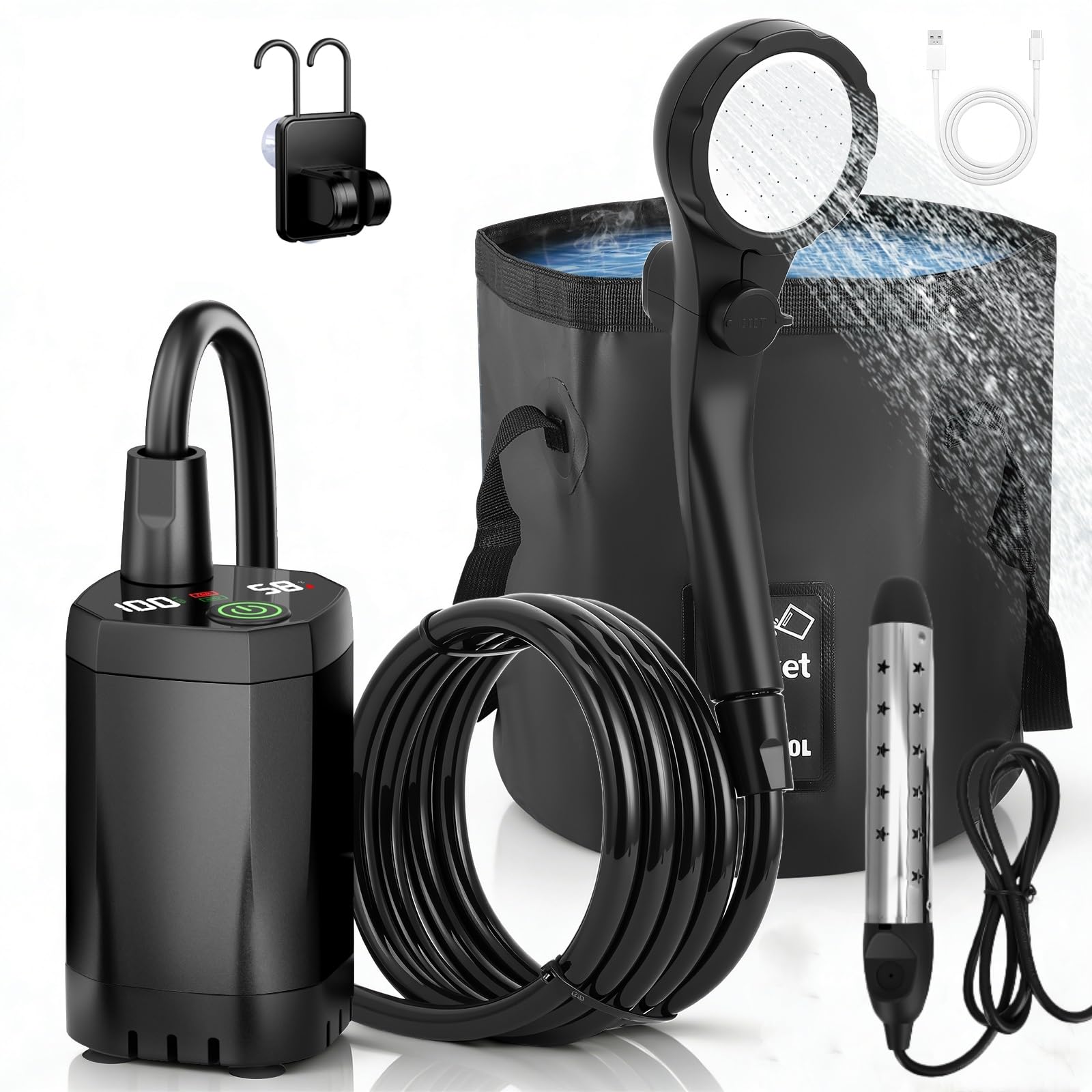Doccia da Campeggio con Batteria da 6000 mAh, Pompa, Tubo Flessibile da 200 cm, Doccia Portatile, Doccia Esterna per Giardino, Lavaggio Auto, Animali Domestici, Spiaggia, Viaggi
