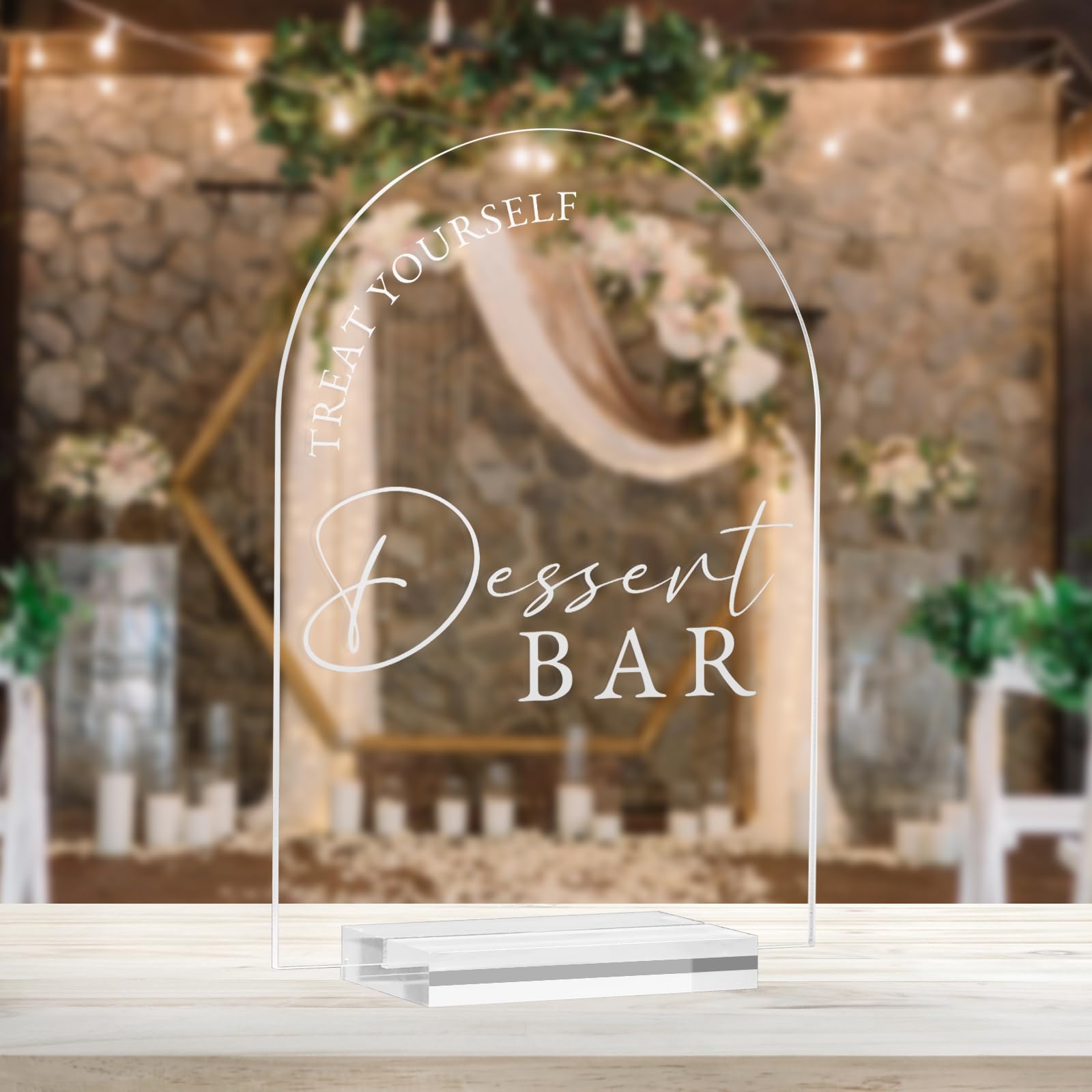 Jinmury White Acrylic Arch Dessert Bar Sign,5X7 Inch Clear Dessert Bar Sign 1/8" Thick And Stand, Modern Calligraphy Lettering Arched Acrylic Sign For Wedding
