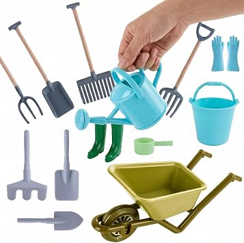112 Scale Miniature Dollhouse Garden Tools Set | Mini Plastic Gardening Kit, Shovel, Rake, Hoe & Watering Can, Fairy Garden, Micro Landscape & DIY Craft Decoration