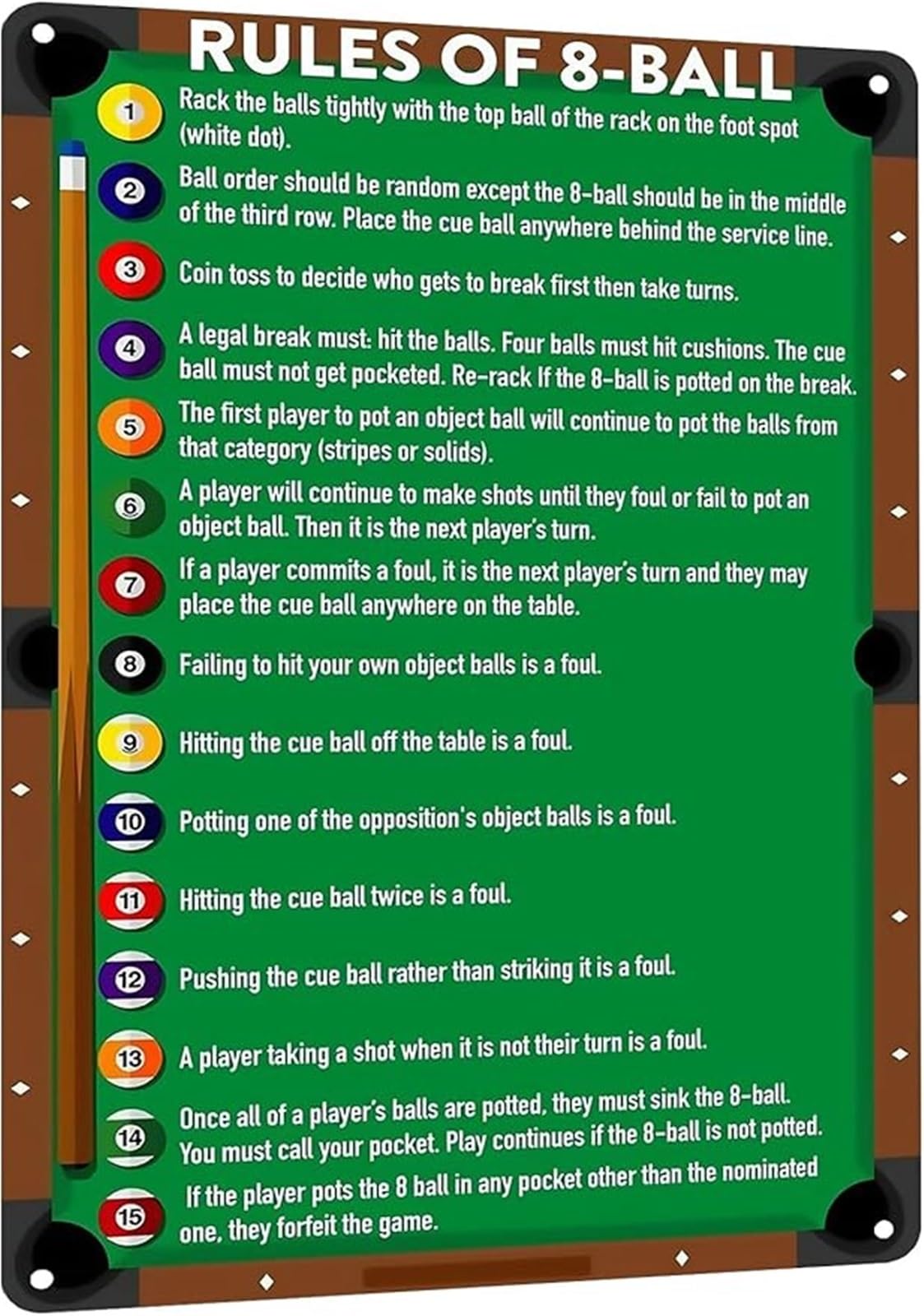 NWPNLXEA Billiards Game Room Decor Metal Tin Sign with Vintage 8 Ball Rules for Man Cave 8 X 12 in