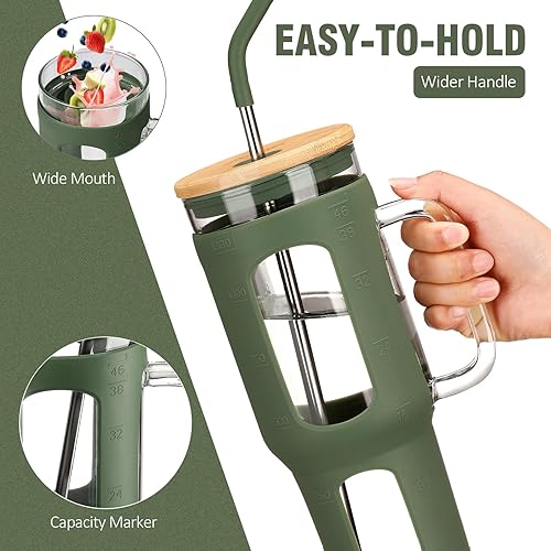 Miniatura 10 de Vaso de vidrio con tapa y pajilla, taza para café helado de 46 oz con asa, botellas de agua grandes con funda de silicona, taza de vidrio con