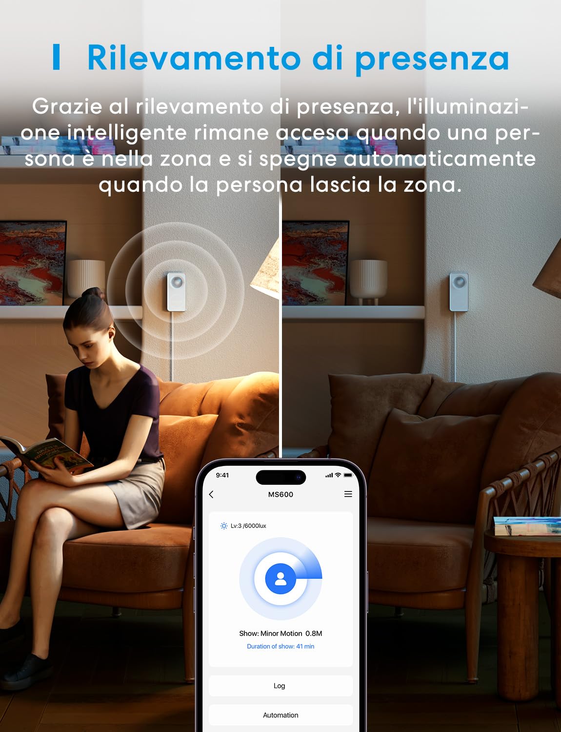 meross 3-in 1 Sensore di Presenza Matter, Smart Wi-Fi Sensore di Movimento per Interno con Notifica App Compatibile con Apple HomeKit, Alexa, Google Home