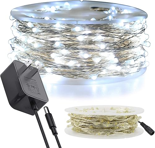 RUICHEN Guirnalda de luces LED de alambre plateado con carrete de 99 pies, 300 luces LED de 99 pies, color blanco frío