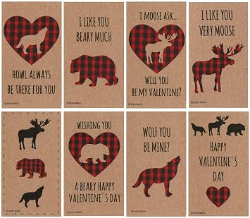 Nerdy Words Buffalo Plaid Woodland Animal Valentines Set of 24 Wallet-Sized Cards for Valentines Day