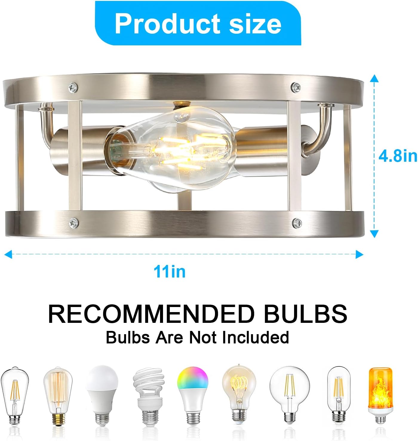 Farmhouse Semi Flush Mount Ceiling Light, Brushed Nickel 11 inch 2-Light Metal Cage Light Fixture Ceiling Mount, Industrial Closed to Ceiling Mount Lamp, Bulb Not Included