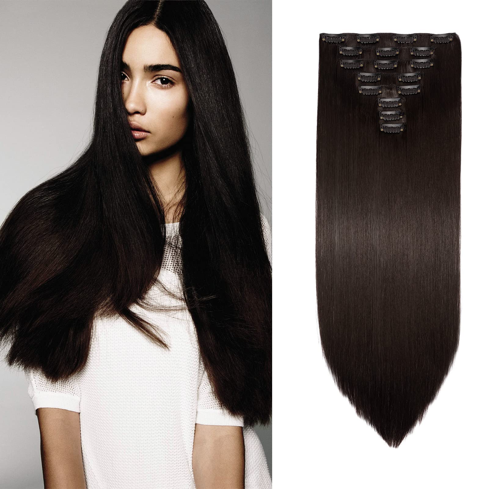 60cm Extension Capelli Clip Mossi Ondulati Lunghi 8 Fasce Testa Piena Set Estensioni per Capelli Straight Sintetici Naturali 8PCS (Marrone medio)