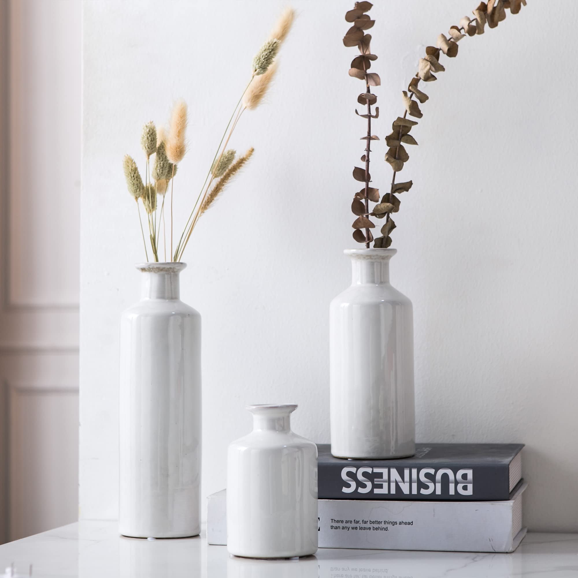 Mowtanco Vasen für Tafelaufsätze, weiße Keramikvase, 3er-Set, moderne Bauernhaus-Heimdekoration, minimalistischer Stil für Esszimmer, Wohnzimmer, Schlafzimmer, Küche, Couchtisch, Bücherregal