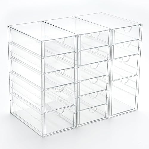 Miniatura 9 de Prsildan Organizador de cajones de acrílico con 15 cajones, accesorios organizadores de escritorio de oficina para maquillaje, juego de 3 cajones de