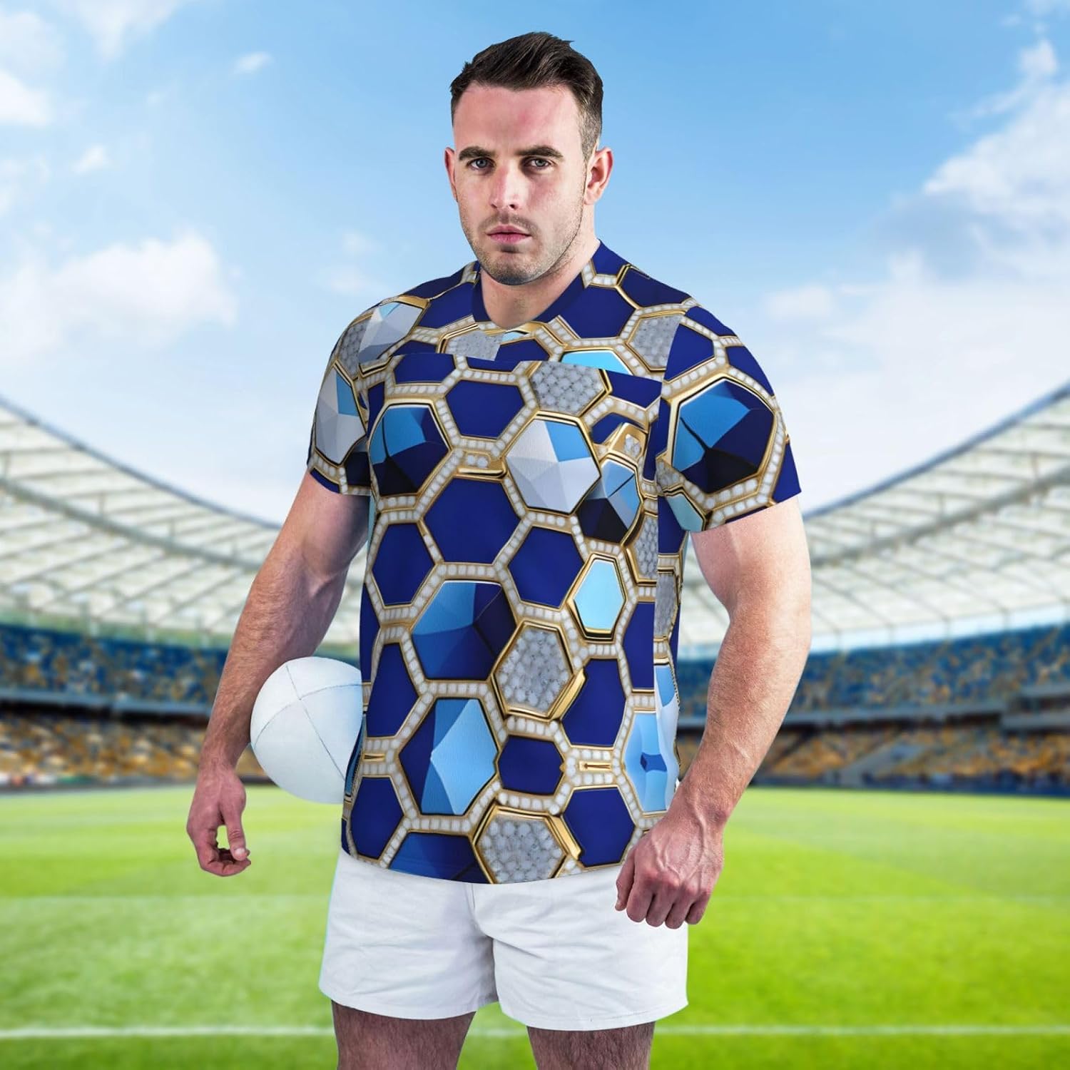 Blue Hexagons and Diamond Rugby Football Jersey for Men, Comfortable V-Neck Loose Fit Top for Team Sports Athletics