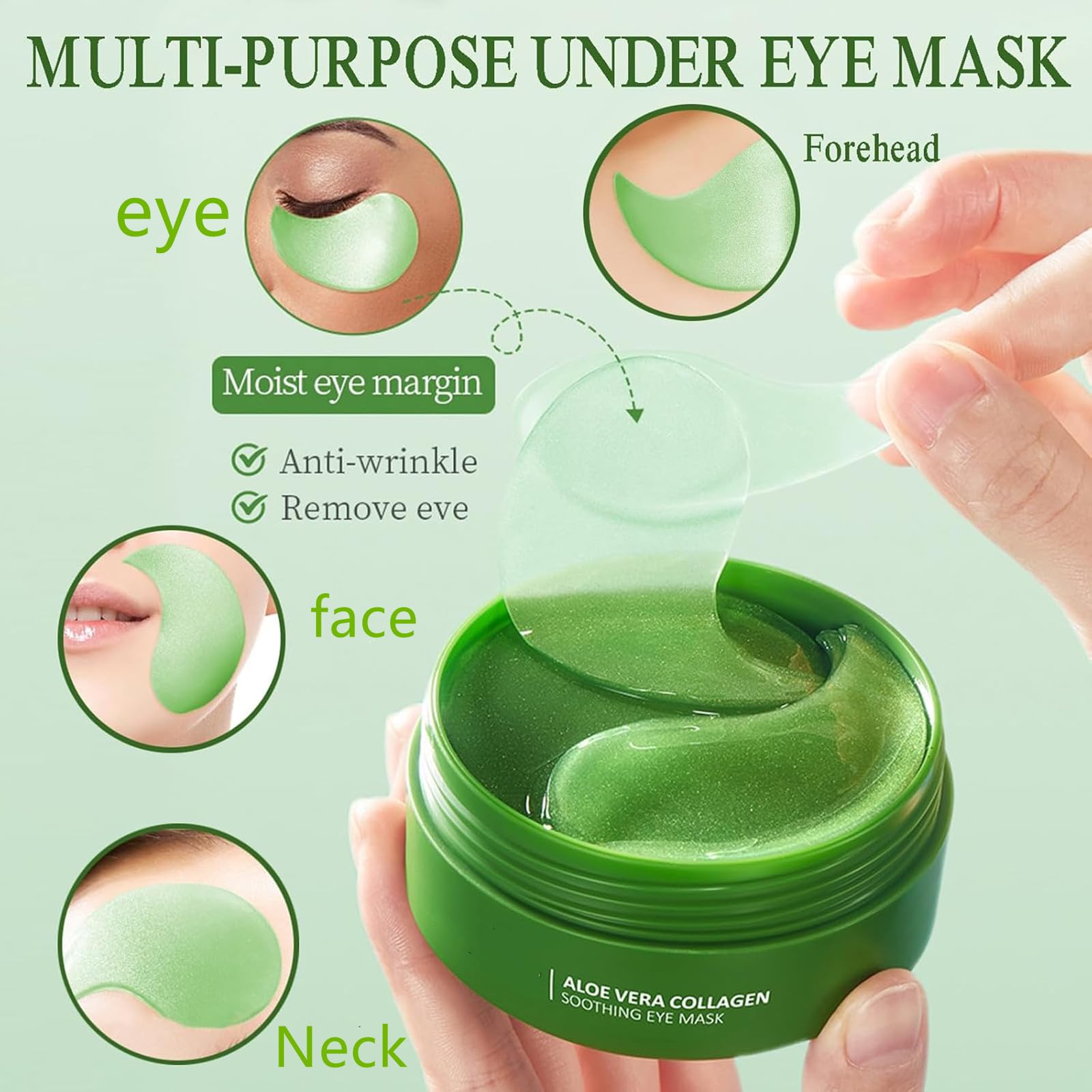 60Pcs Aloe Vera Augenpads,Kollagen Augenpads gegen Augenringe, Hyaluronsäure Augenmaske, Anti Aging,Augenringe Entfernen, Falten, Tränensäcke,Puffiness (Grün)
