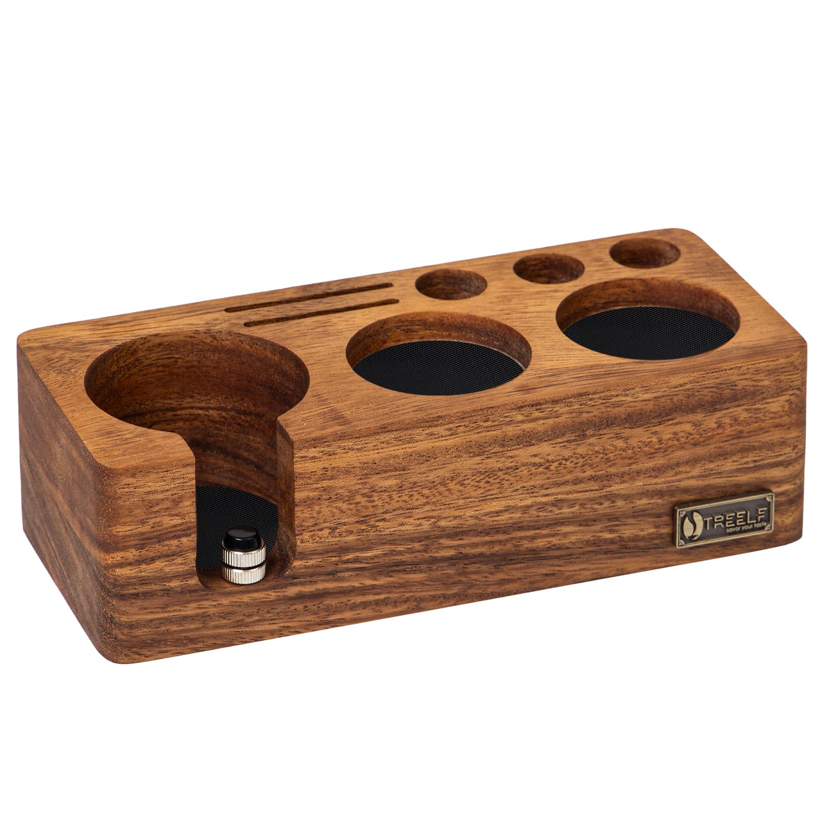 Estación de Prensado Café 58 mm de Madera de Nogal Estación de Apisonamiento Espresso para Portafiltros de 58 mm Accesorios de Barista, Altura Ajustable, con Almohadillas Antideslizantes